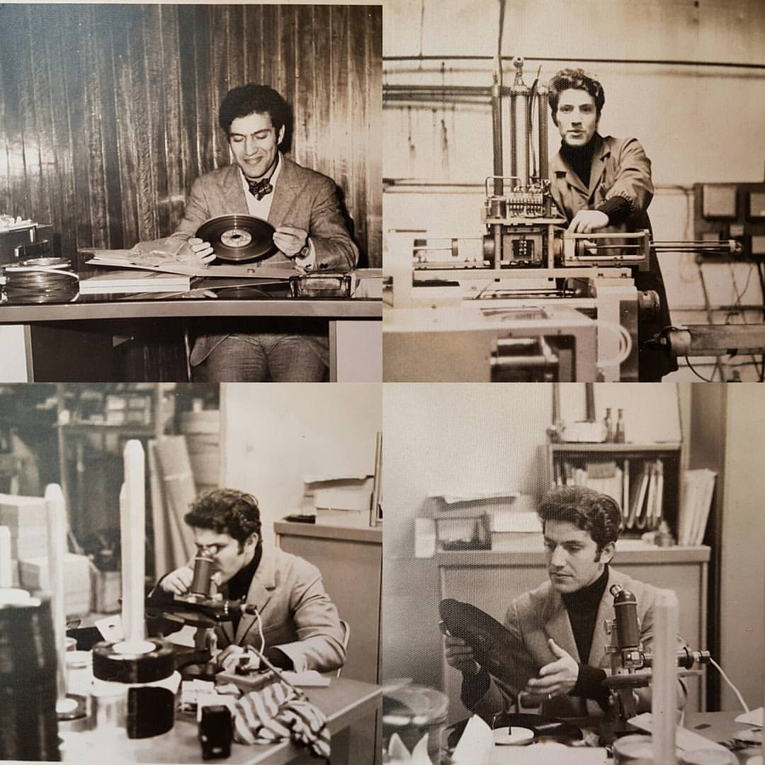 Quatre photos en noir et blanc de l'usine de disques Africson à Casablanca, en 1969